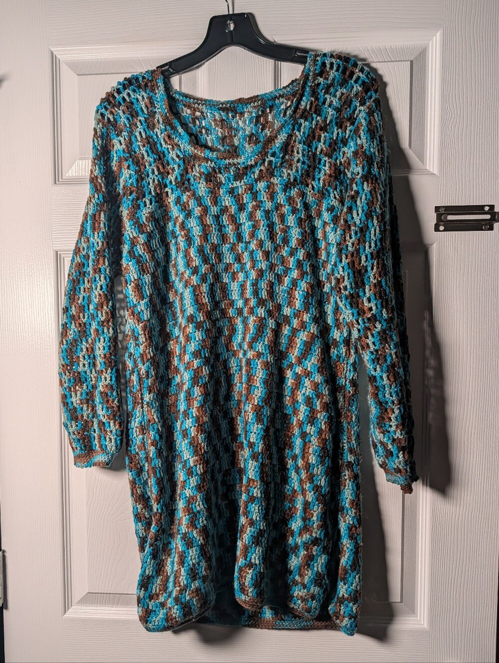 Handmade Crochet Sweater Dress. Women’s M. Blue Brown Open Knit Boho Long Sleeve